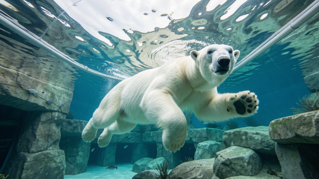 Polar bear swimming underwater in zoo habitat