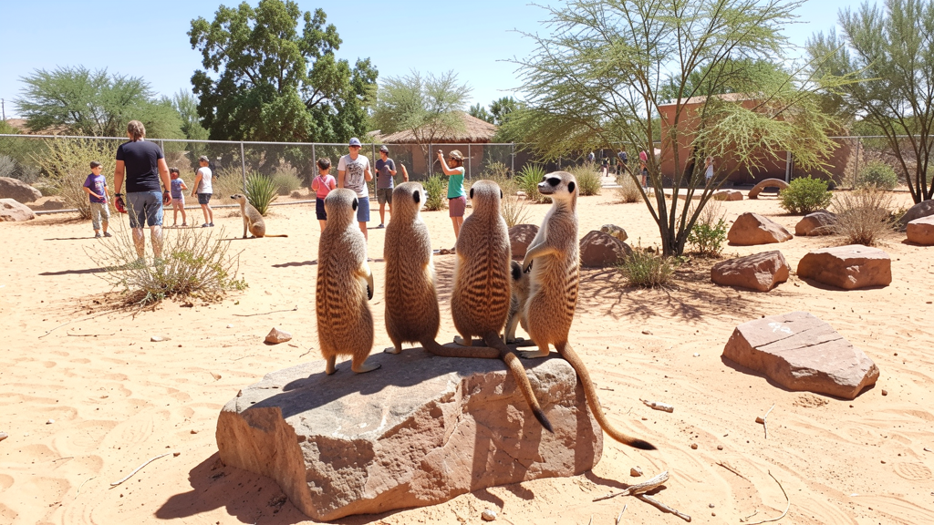 Meerkat group in zoo desert-themed enclosure