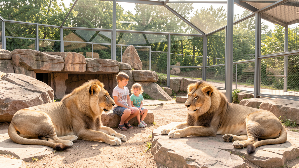Family with children watching African lions in zoo habitat