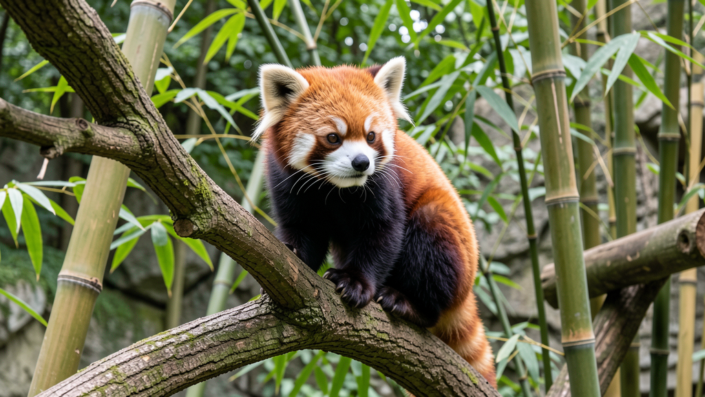 Red panda in zoo enclosure with bamboo