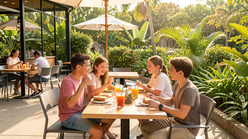 Family dining at zoo outdoor cafe