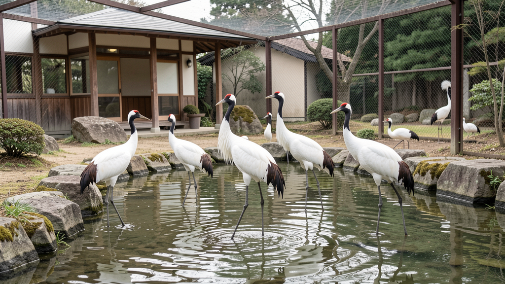 Red-crowned cranes in zoo wetland habitat